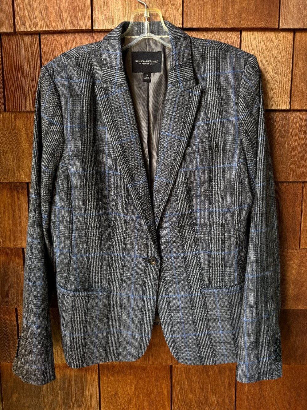 Banana Republic Ryan Black/Blue Plaid Single Button Blazer in Women's 14